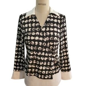 Joseph Ribkoff Floral Print Blouse Black White Collar Wrap Top Career Size‎ 6